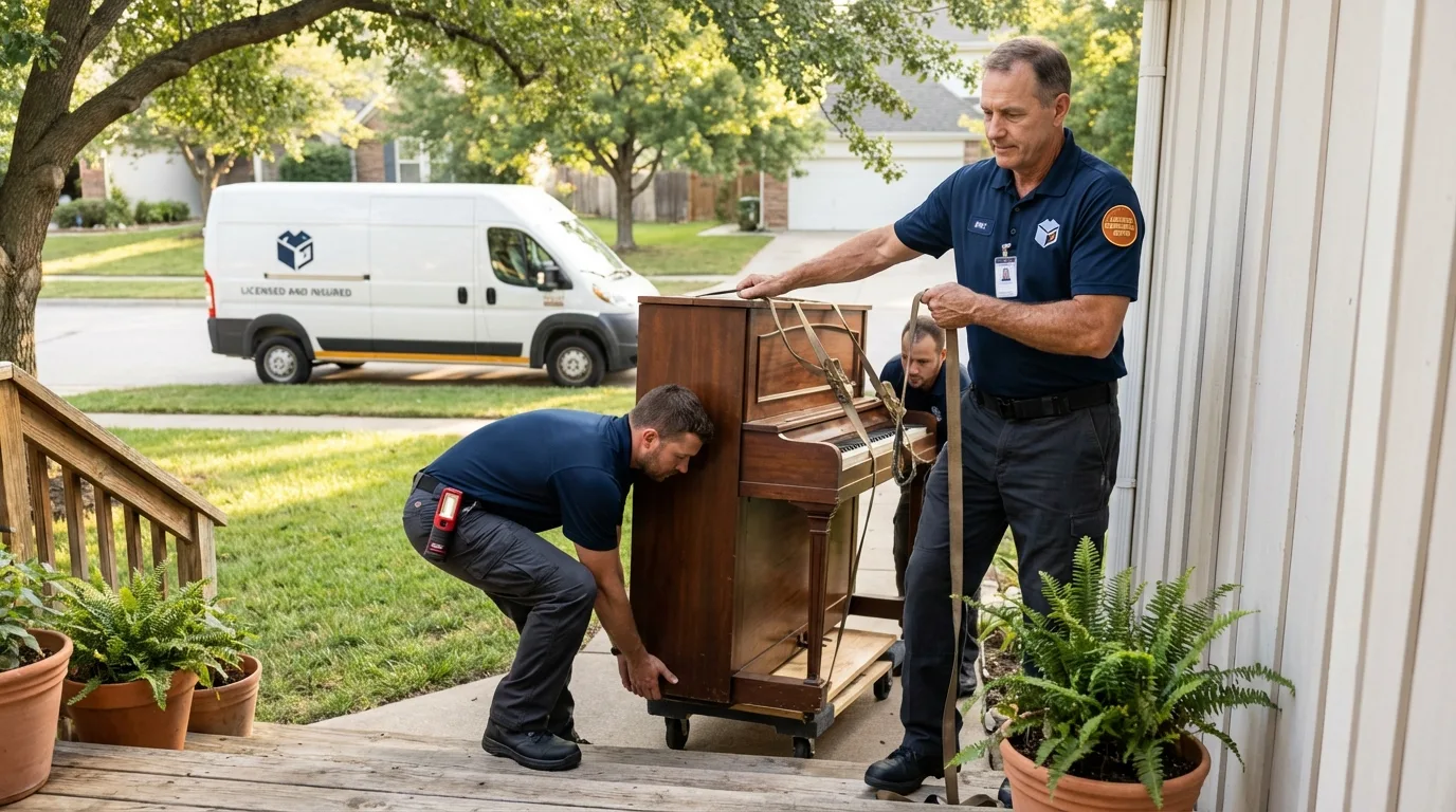 Licensed piano movers securing grand piano in Mojave, CA