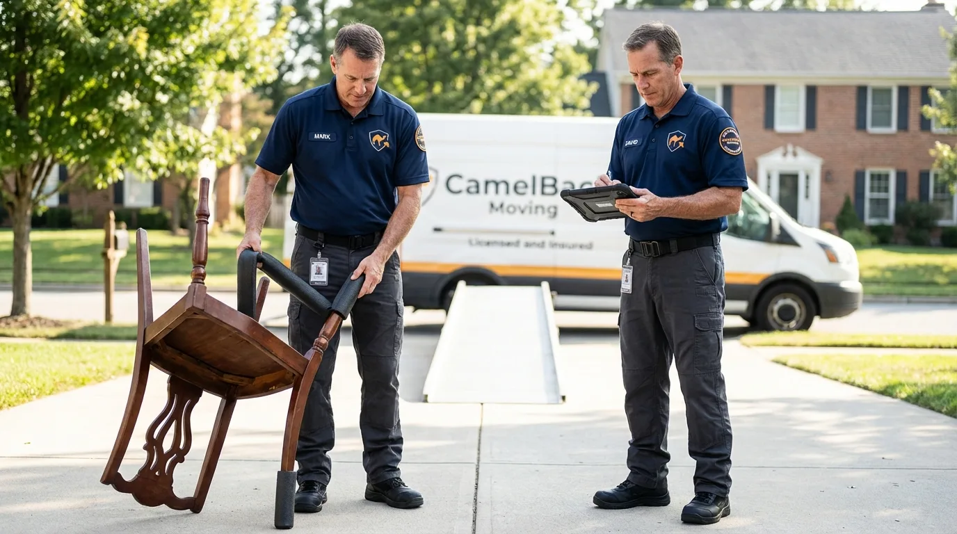 Movers inspecting furniture for damage prevention before loading in Mojave, CA