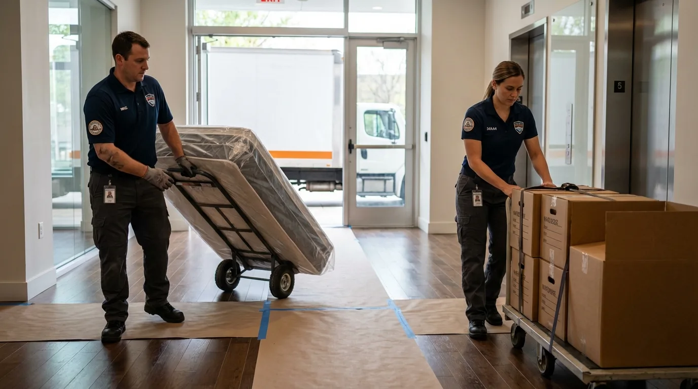 Professional apartment movers loading elevator in Mojave, CA